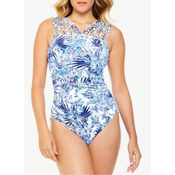 Swim Solutions Blue Floral Stretch Tummy Control One Piece Swimsuit Size 12 NEW - Picture 1 of 8